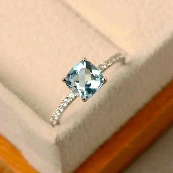 New 14k Gold Over Silver Aquamarine Diamond Ring - Picture 2 of 2
